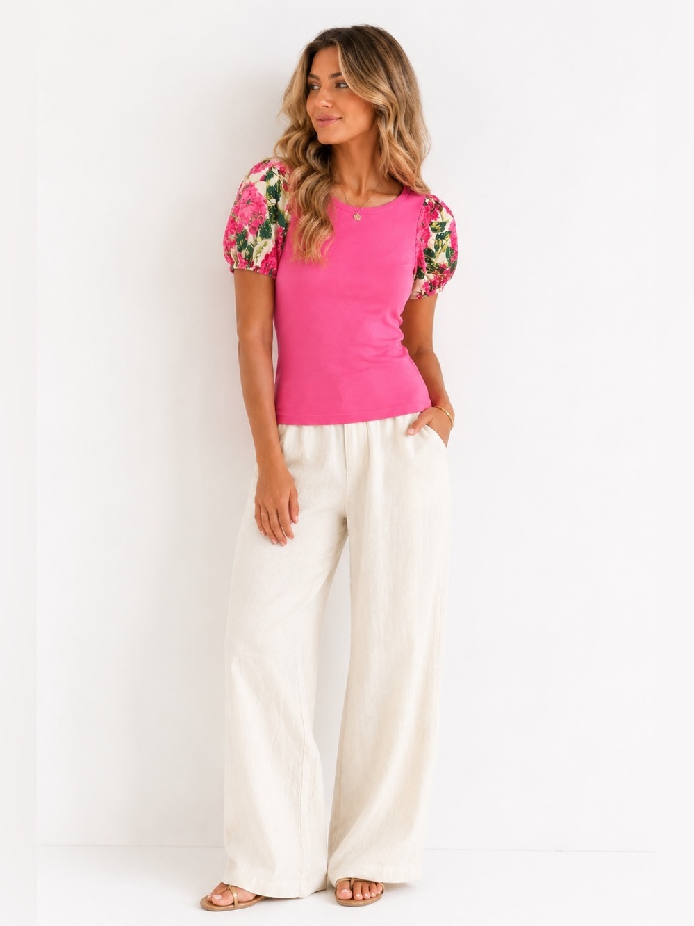 Flora Bea NYC Pink Floral Puff Sleeve Knit Top XS